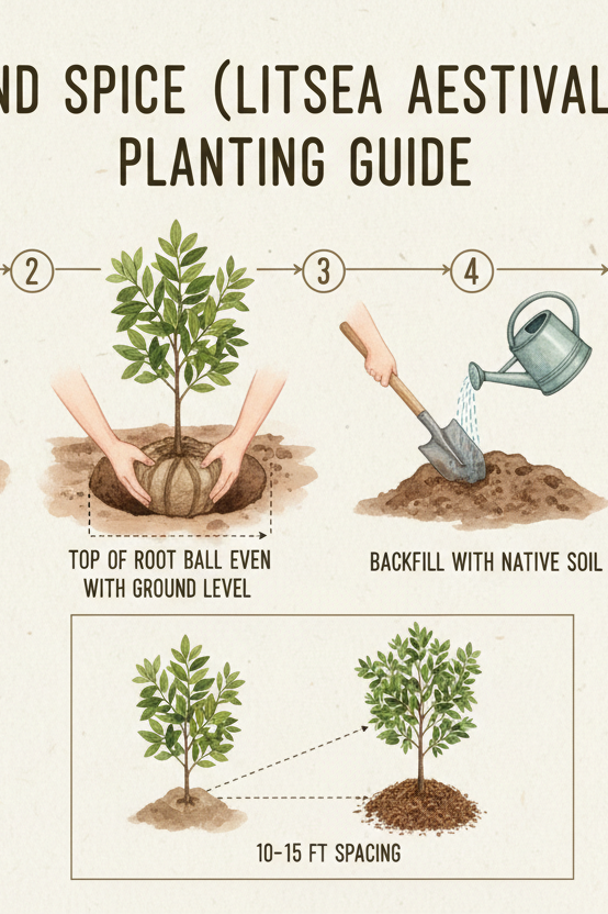 Pond Spice (Litsea Aestivalis) planting guide with illustrations and text on a beige background.