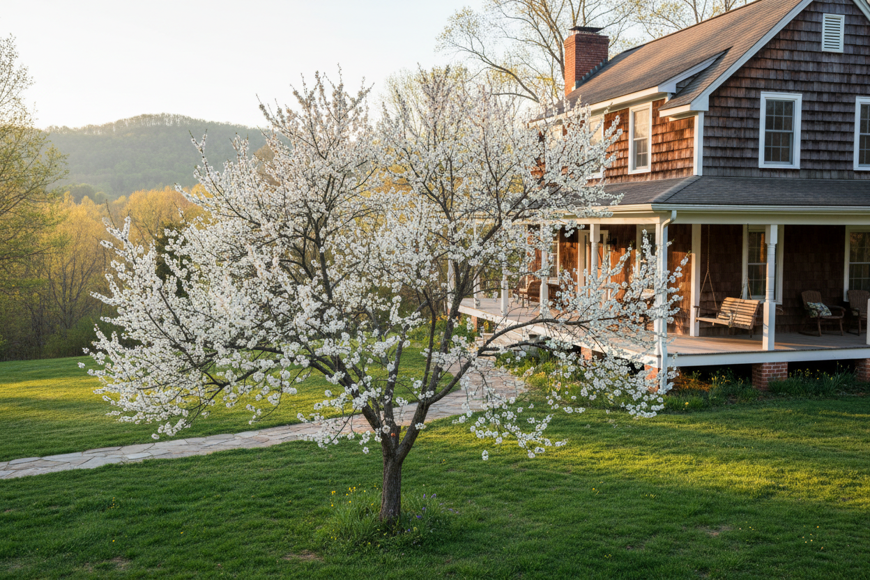 Flatwood plum prunus umbellata as accent plant in front of country house flowing well tree farm