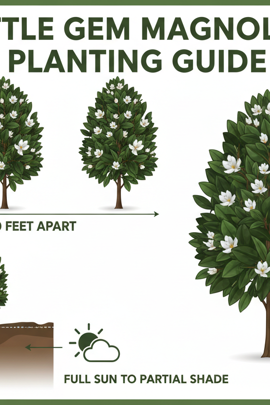 Little Gem Magnolia planting guide with illustrations and text on a white background