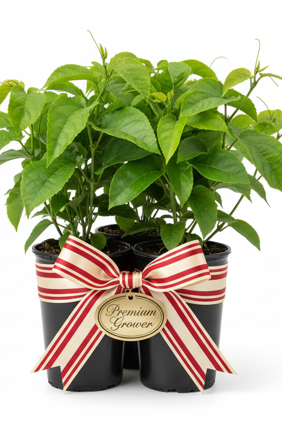 Two potted plants with a decorative bow and label on a white background