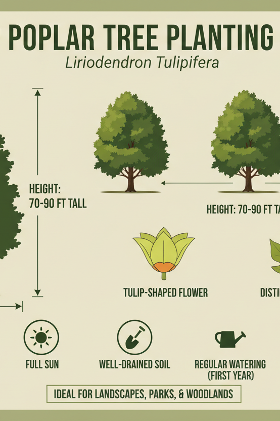 Tulip Poplar Tree (Liriodendron Tulipifera) planting guide spacing and height