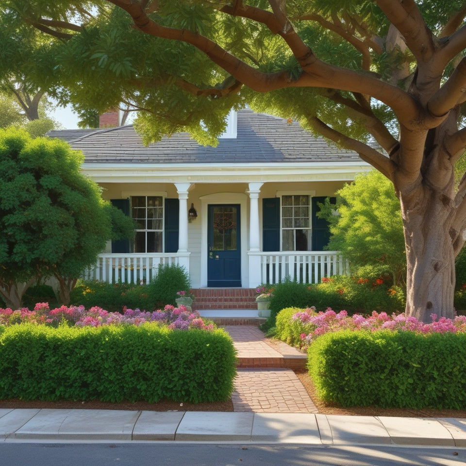 Stylish house with a blue door and white trim, surrounded by greenery and flowers.