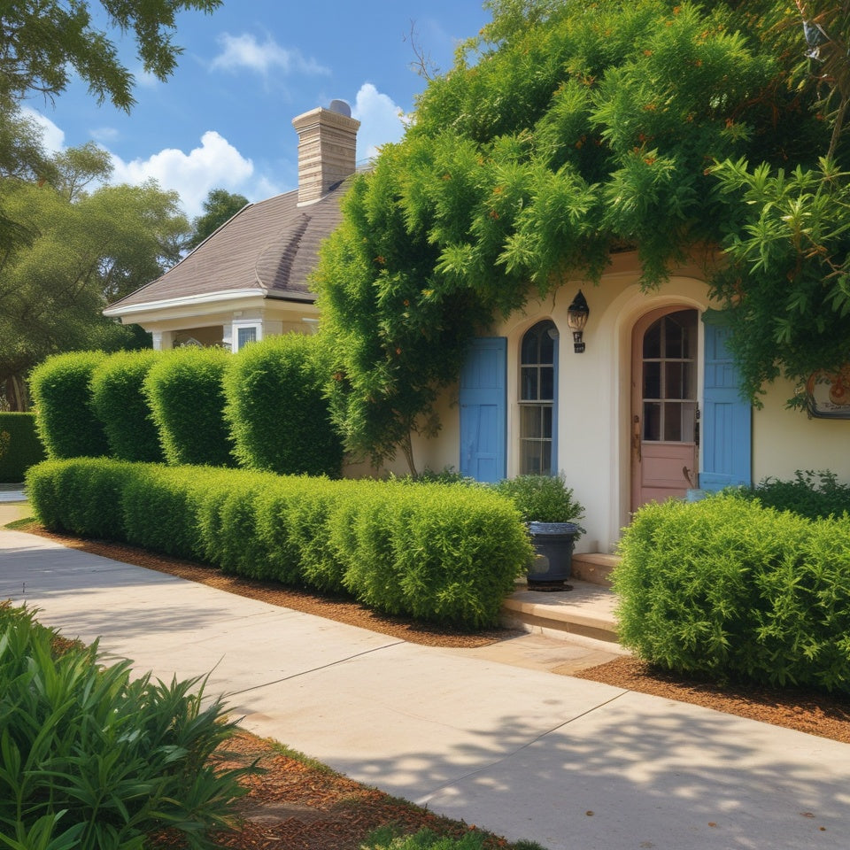 Cottage with blue shutters and greenery in a suburban setting