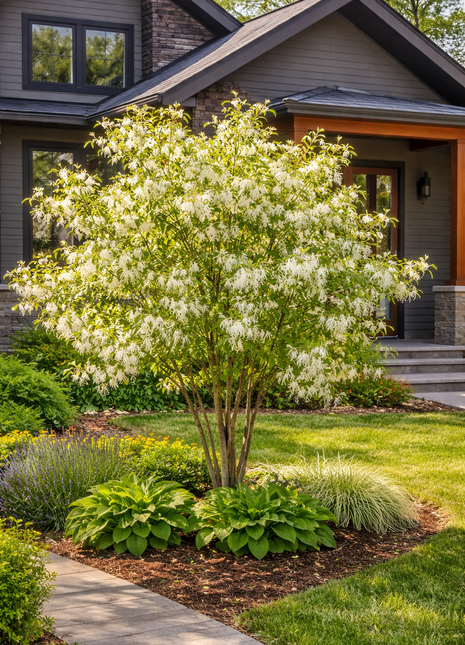 Lush garden with a flowering tree in front of a house