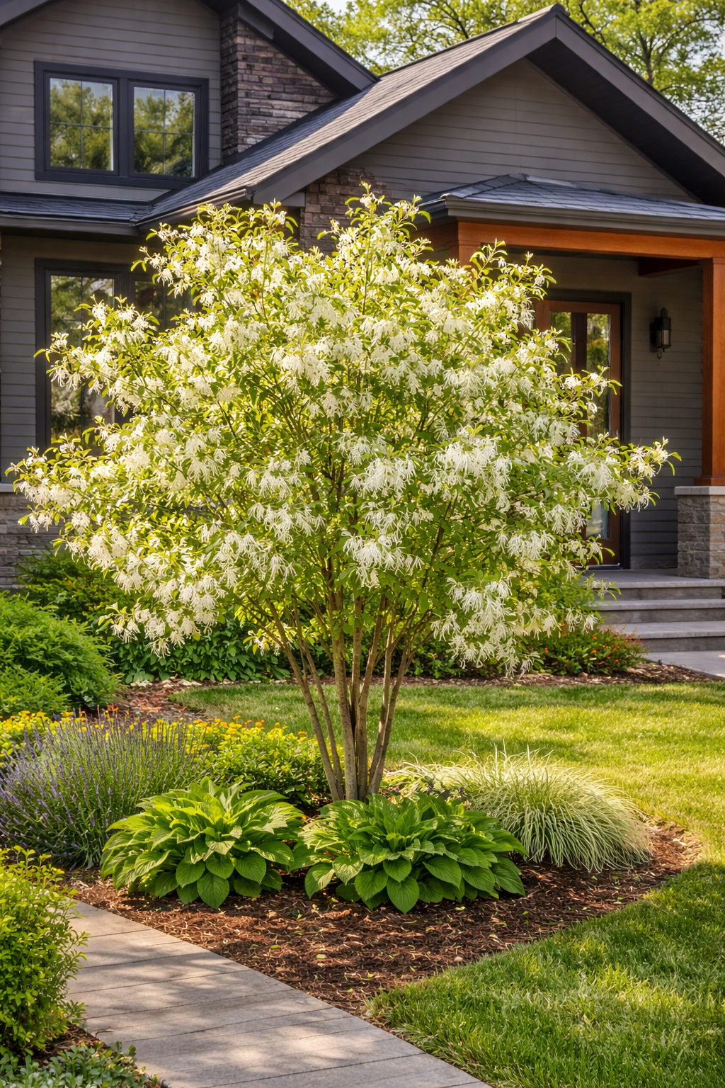 Lush garden with a flowering tree in front of a house