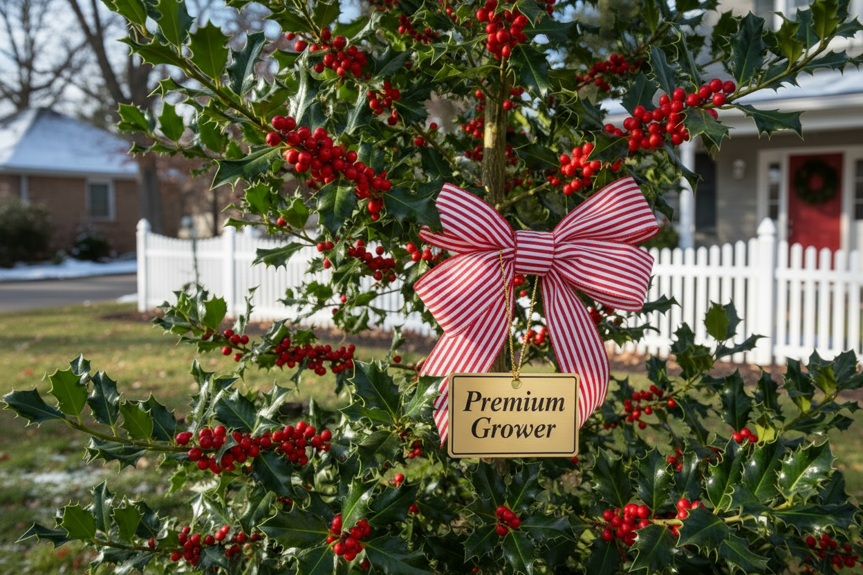 Holly bush with red berries and a pink and white striped bow, labeled 'Premium Grower'.