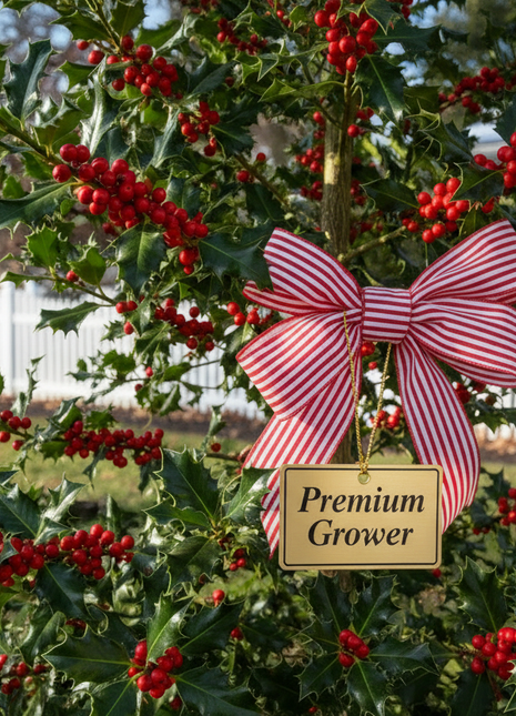 Holly bush with red berries and a pink and white striped bow, labeled 'Premium Grower'.