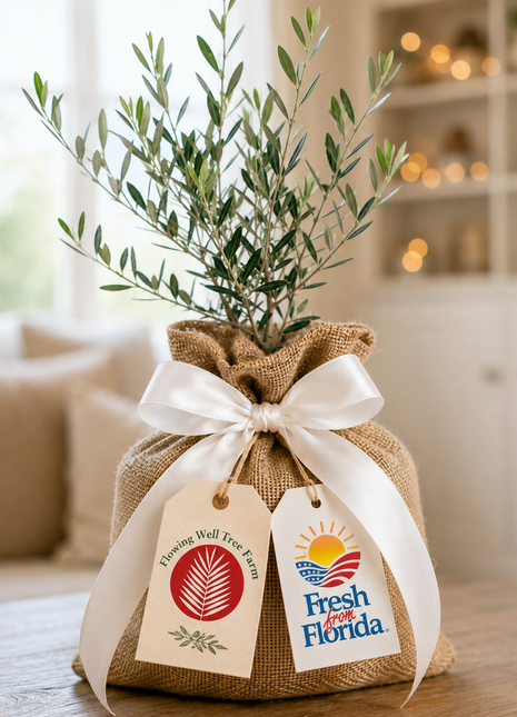 A burlap-wrapped gift basket with a white ribbon and two hanging tags, one reading 'Flower Well Farm' and the other 'Fresh from Florida,' topped with olive green stems, set on a wooden table in a softly blurred indoor setting.