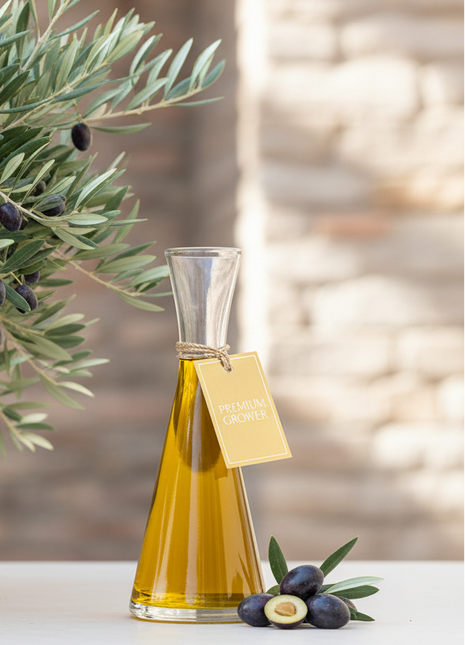 Arbequina Olive Tree (Olea europaea 'Arbequina') showing it as olive oil with fruit next to bottle with gold tag "Premium Grower"
