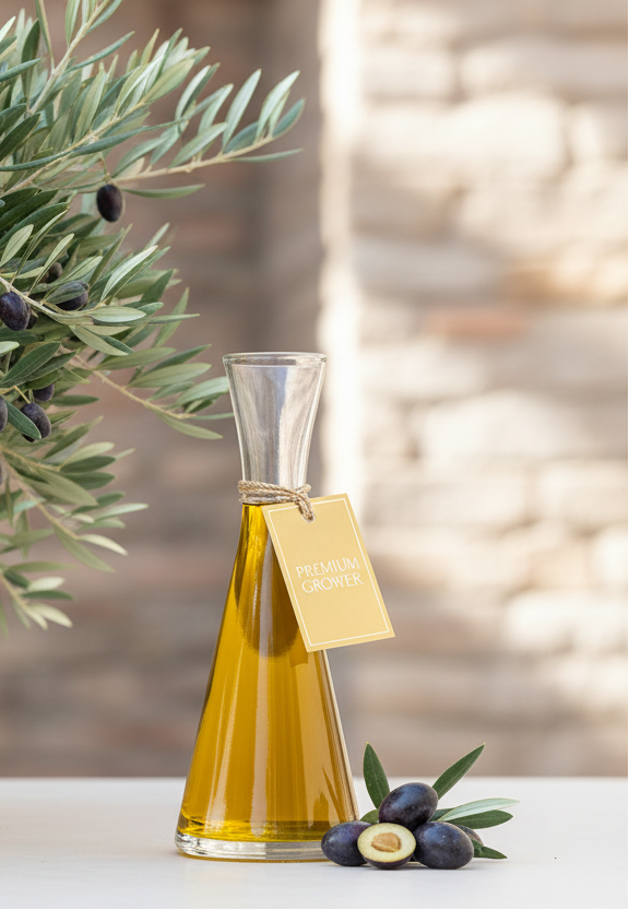 Arbequina Olive Tree (Olea europaea 'Arbequina') showing it as olive oil with fruit next to bottle with gold tag "Premium Grower"