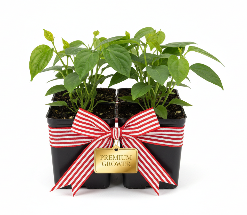 Black Pepper Vine (Piper Nigrum) make this pack of 4 liners with a red and white bow around it that has a gold tag "Premium Grower"