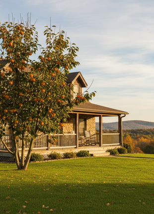 A rustic wooden cabin with a wraparound porch sits on a grassy hillside, with a leafy tree in the foreground and distant autumn hills under a cloudy sky.