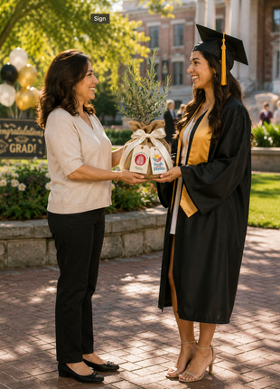 A woman in a black graduation cap and gown with a gold sash presents a wrapped graduation gift to another woman outdoors on a brick campus walkway. The gift is tied with a beige ribbon and decorated with a small plant and a round award plaque.