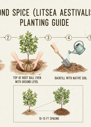 Pond Spice (Litsea Aestivalis) planting guide with illustrations and text on a beige background.