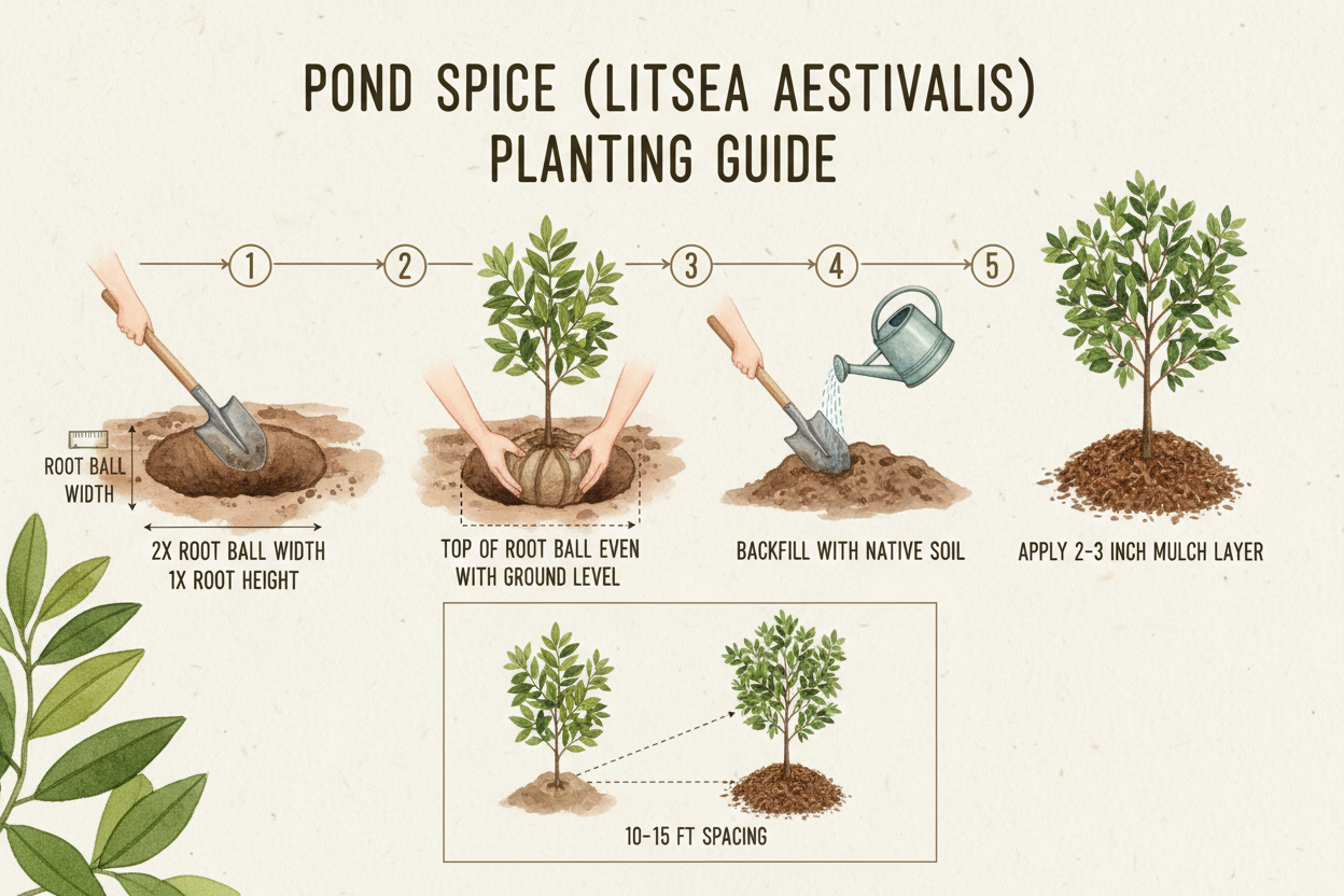 Pond Spice (Litsea Aestivalis) planting guide with illustrations and text on a beige background.