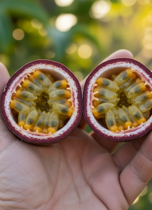 A hand holding two halves of a cut open passion fruit, showing the yellow-orange seeds and purple outer skin, with a blurred green garden background.