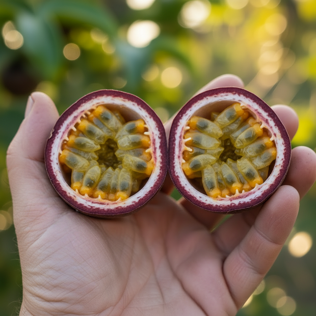A hand holding two halves of a cut open passion fruit, showing the yellow-orange seeds and purple outer skin, with a blurred green garden background.