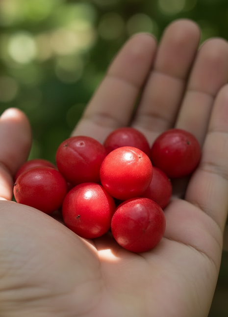 Hand holding red berries with a blurred green background