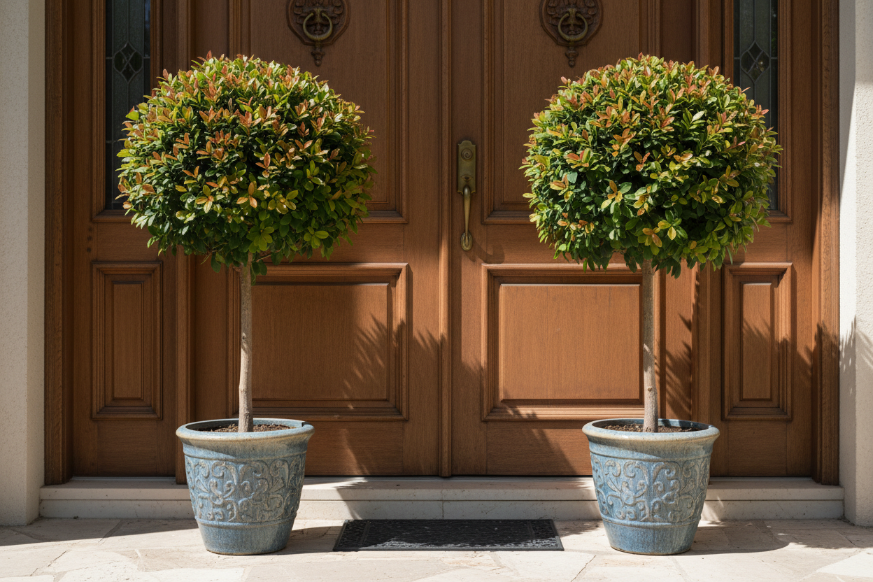 Two potted topiary plants in front of a wooden door.