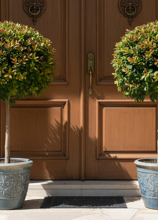 Two potted topiary plants in front of a wooden door.