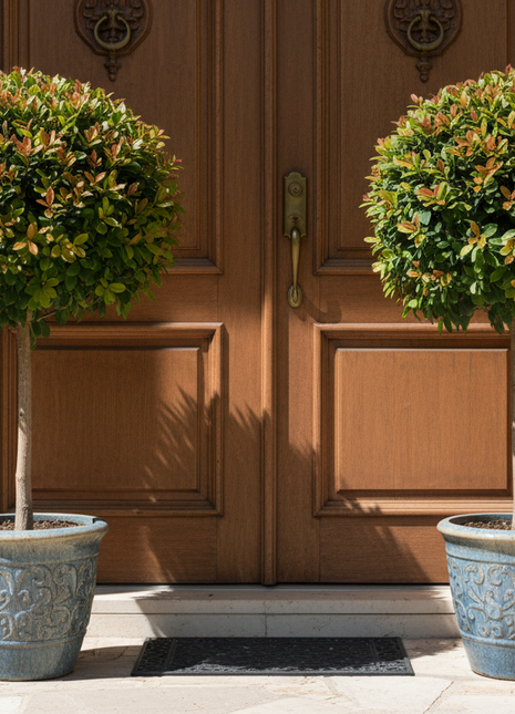 Two potted topiary plants in front of a wooden door.