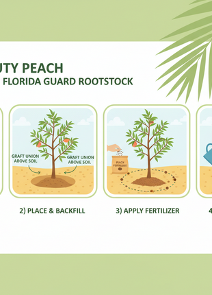 Step-by-step planting guide for Tropic Beauty Peach with illustrations and text on a green background.
