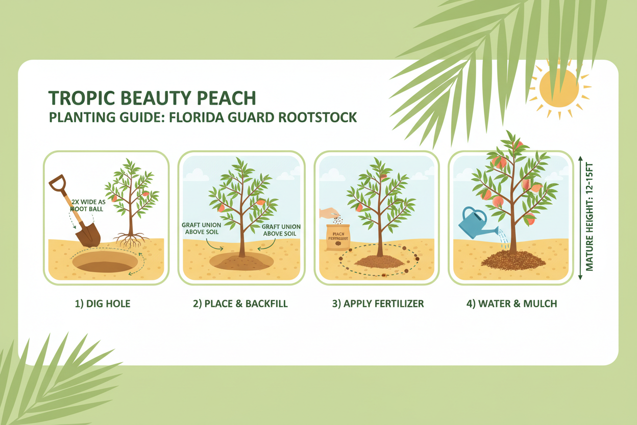 Step-by-step planting guide for Tropic Beauty Peach with illustrations and text on a green background.