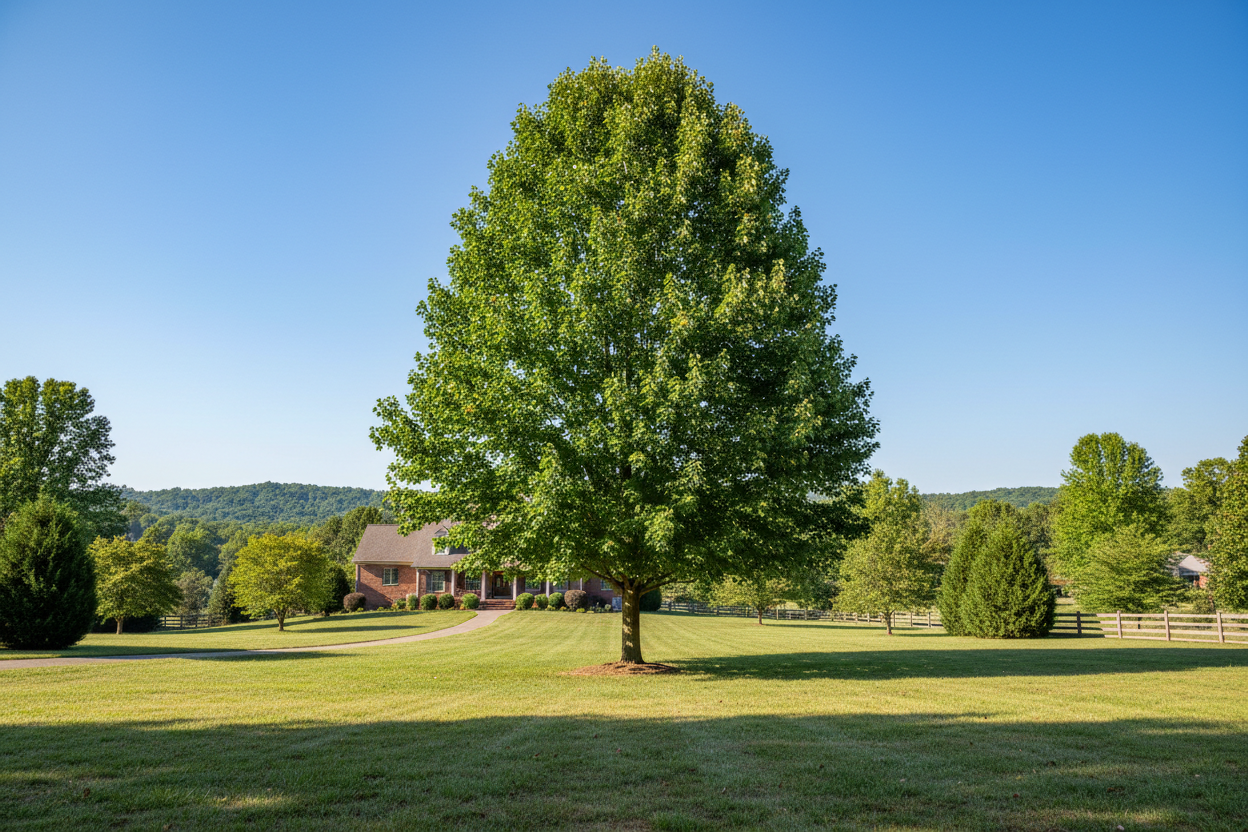 Lush green tree in a grassy field with a clear blue sky