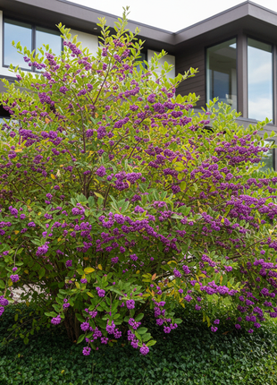 American Beautyberry (Callicarpa Americana) in backyard next to modern house
