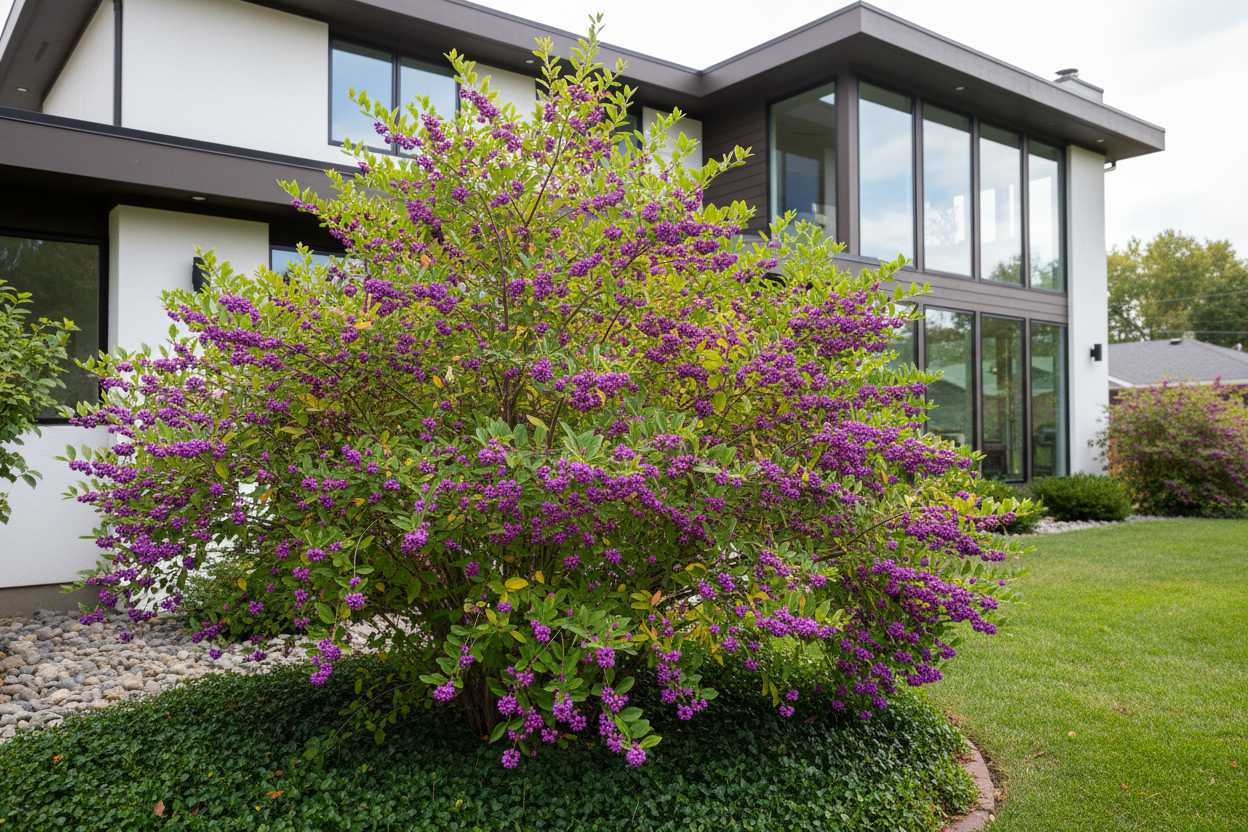 American Beautyberry (Callicarpa Americana) in backyard next to modern house