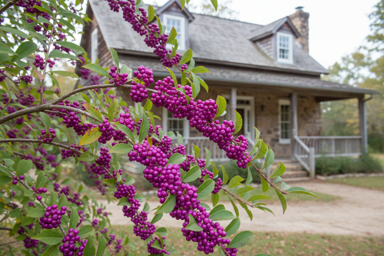 American Beautyberry (Callicarpa Americana) in front of country house
