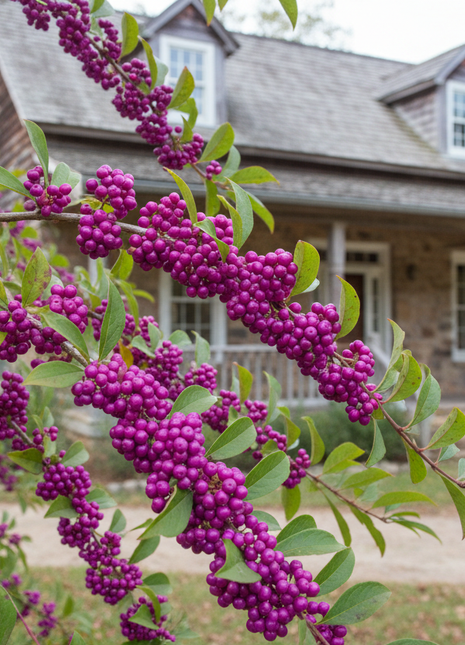 American Beautyberry (Callicarpa Americana) in front of country house