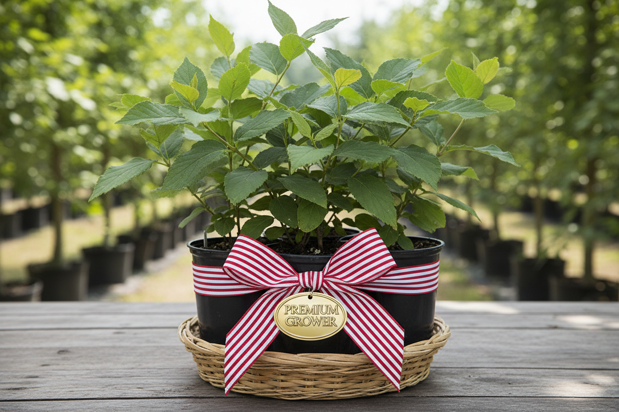 American Beautyberry (Callicarpa Americana) pack of 4 liners wrapped in a red and white ribbon with golden tag saying "Premium Grower"