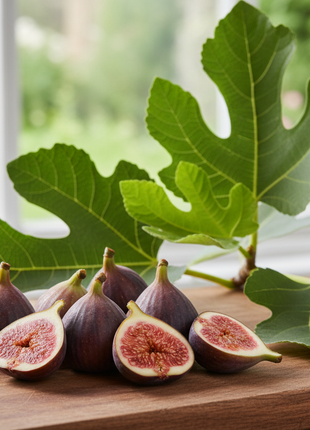 Fig Celeste (Ficus carica ‘Celeste’) fruit next to plant