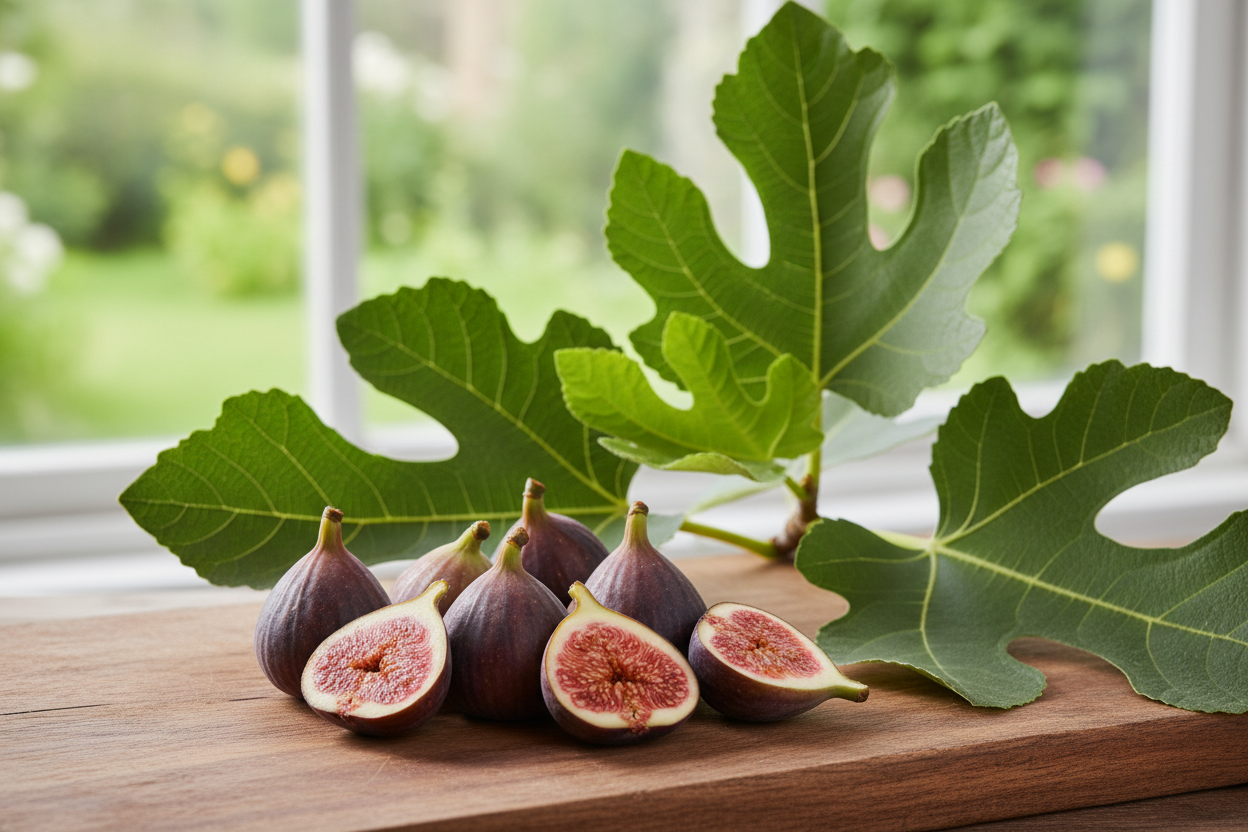 Fig Celeste (Ficus carica ‘Celeste’) fruit next to plant