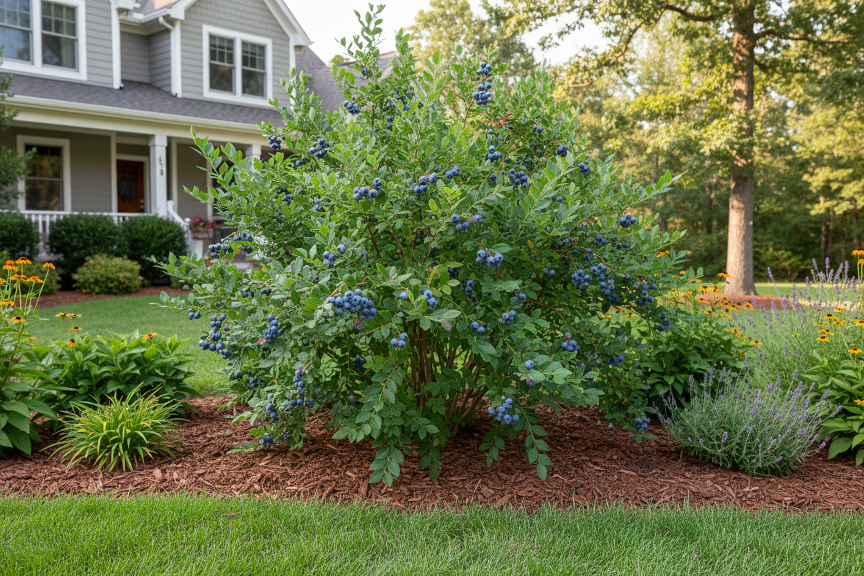 Blueberry bush with ripe berries in a garden setting with a house in the background