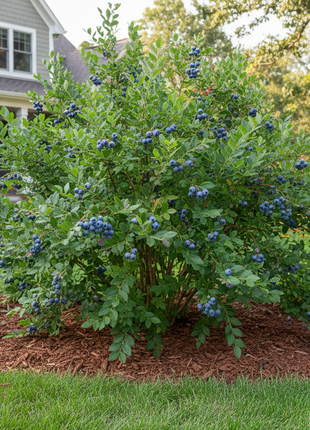 Blueberry bush with ripe berries in a garden setting with a house in the background
