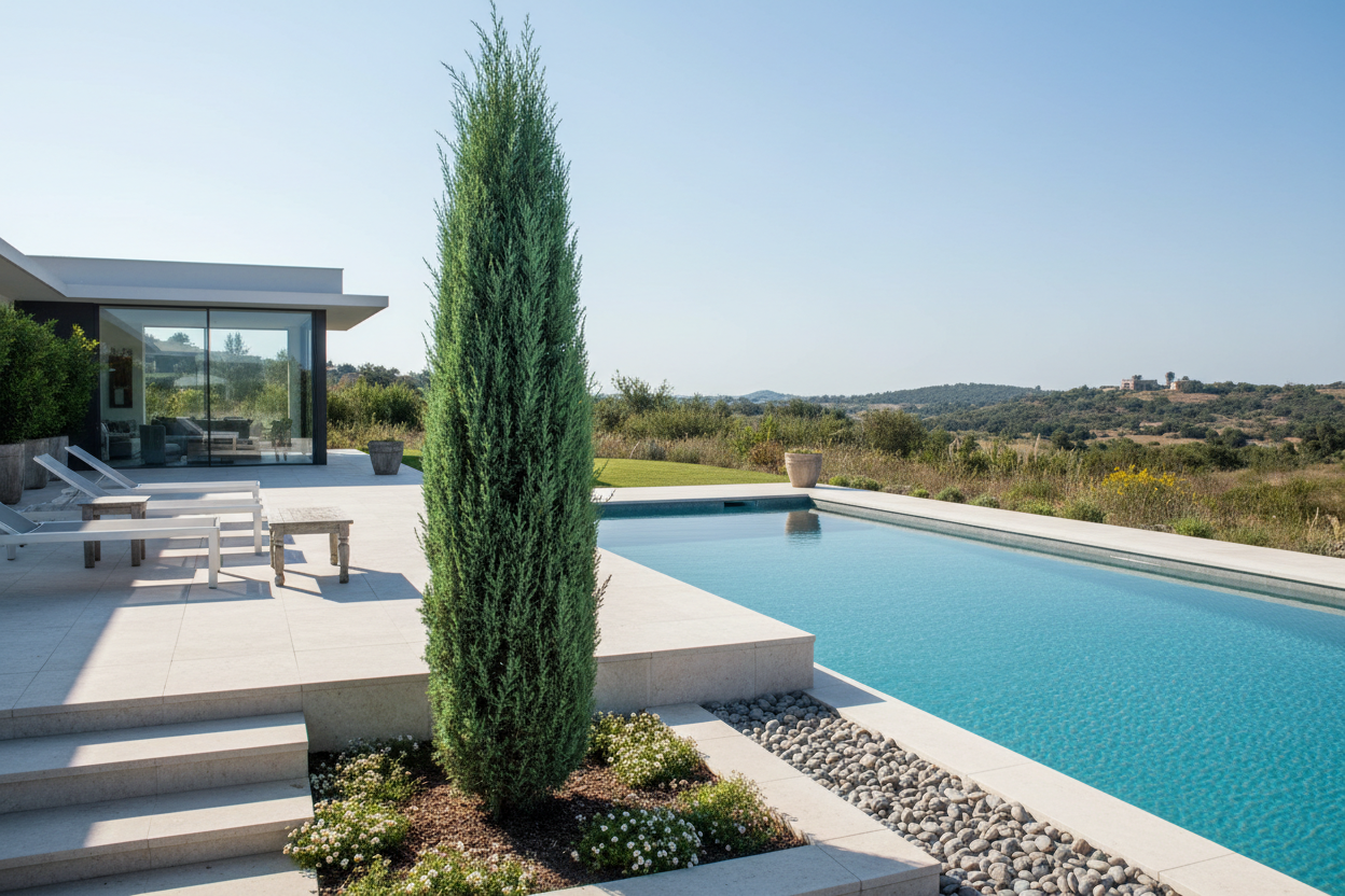 Juniper Brodie ( Juniperus virginiana Brodie) next to pool