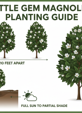Little Gem Magnolia planting guide with illustrations and text on a white background