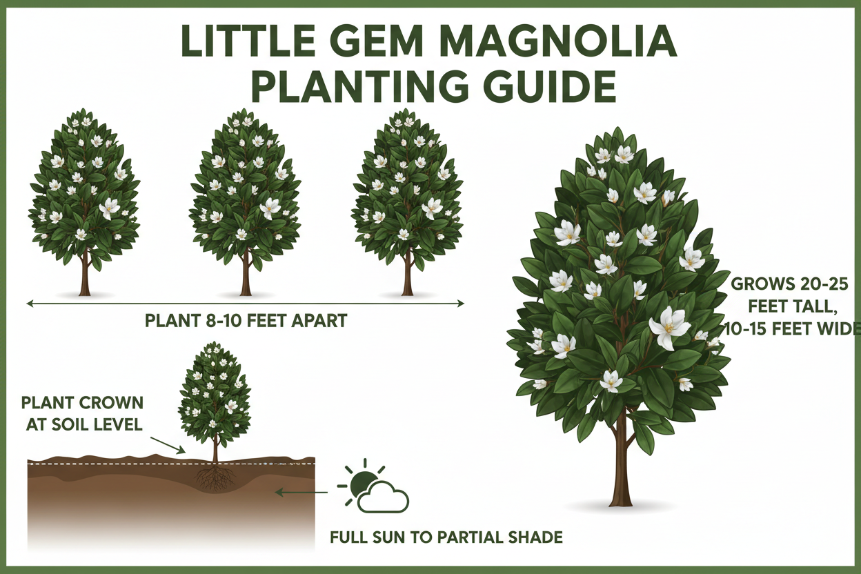 Little Gem Magnolia planting guide with illustrations and text on a white background