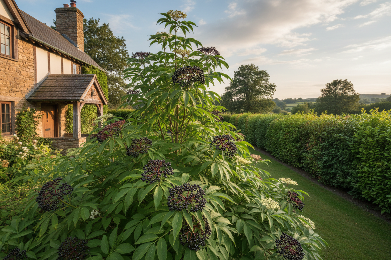 Native elderberry sambucus nigra in front of country house and privacy hedge flowing well tree farm