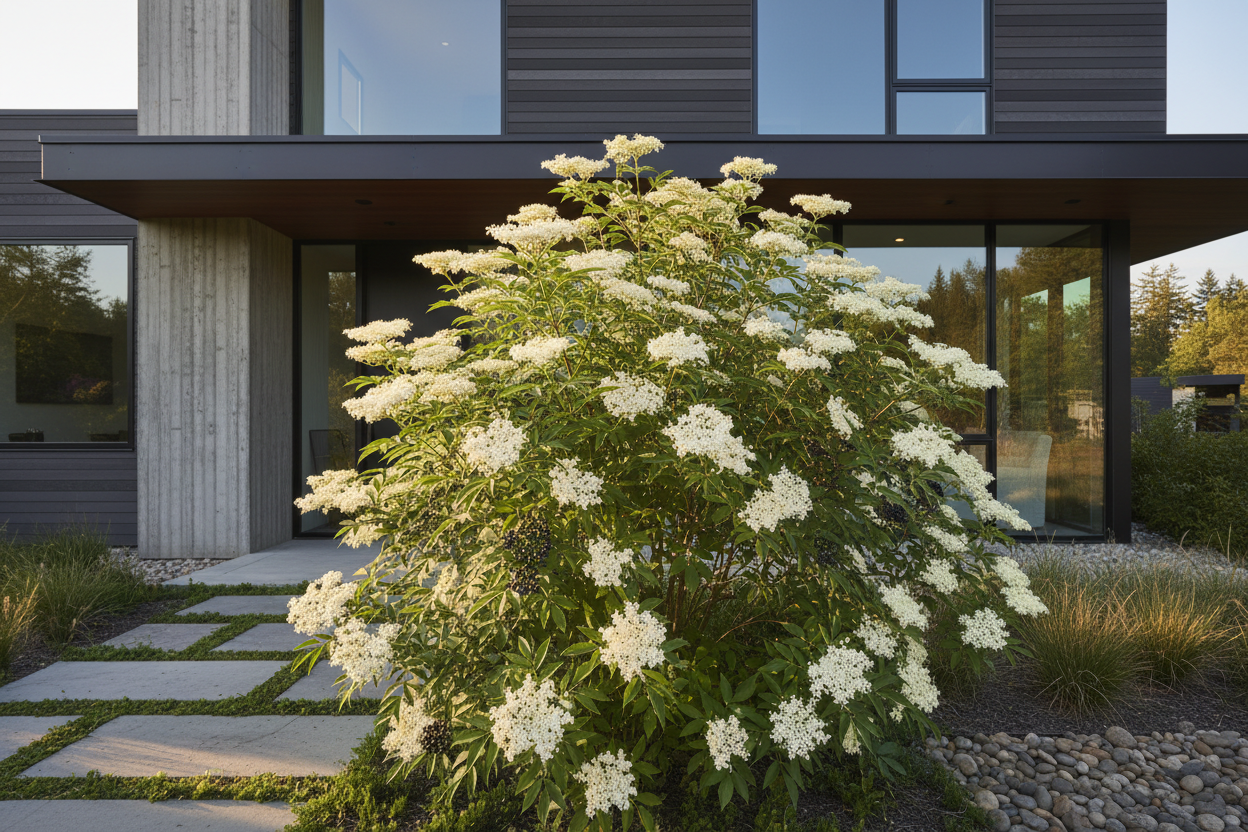 Flowering bush in front of a modern house with large windows