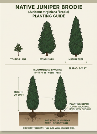 Native Juniper Brodie planting guide with illustrations of plant stages and care instructions.