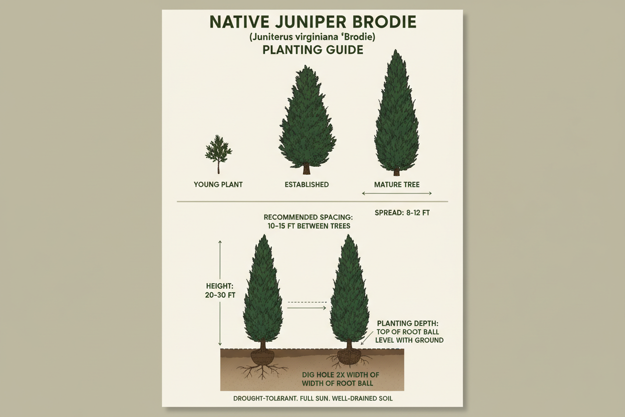 Native Juniper Brodie planting guide with illustrations of plant stages and care instructions.