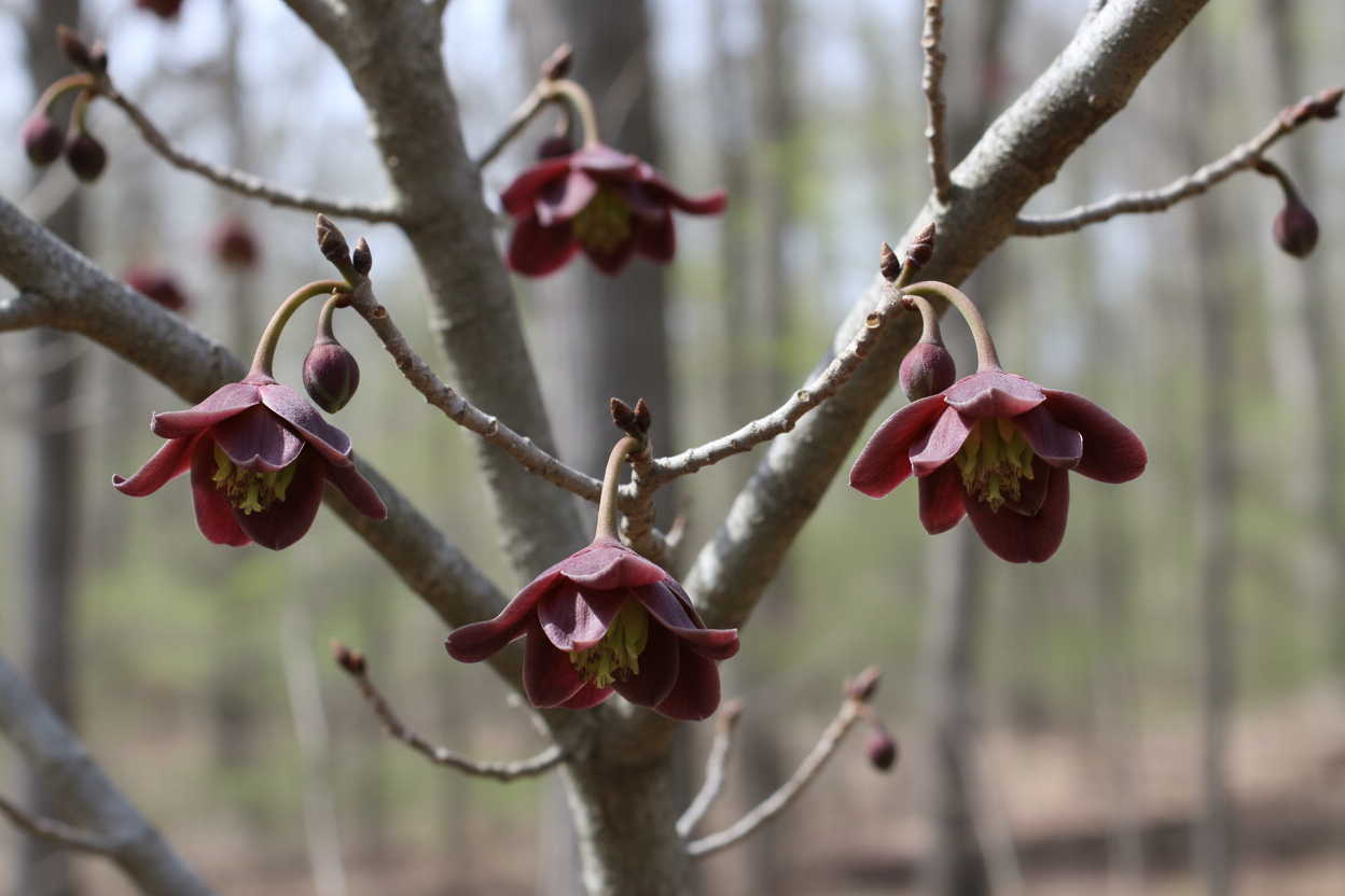 Burgundy flowers on a tree branch with a blurred forest background