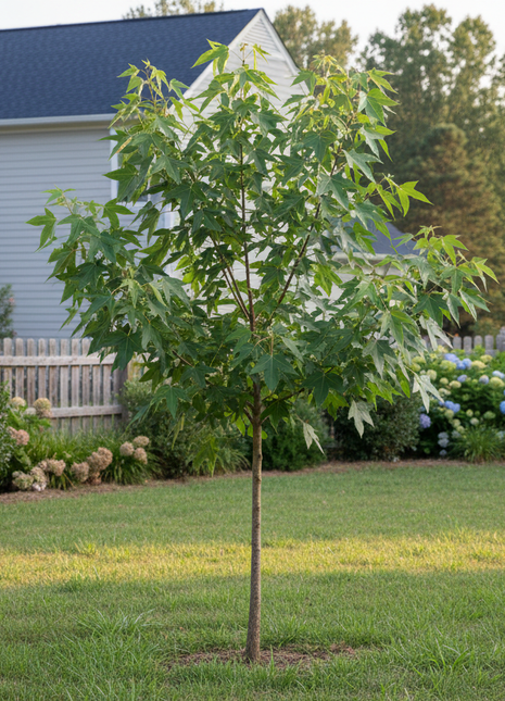 Native Sweetgum (Liquidambar styraciflua) small tree in backyard