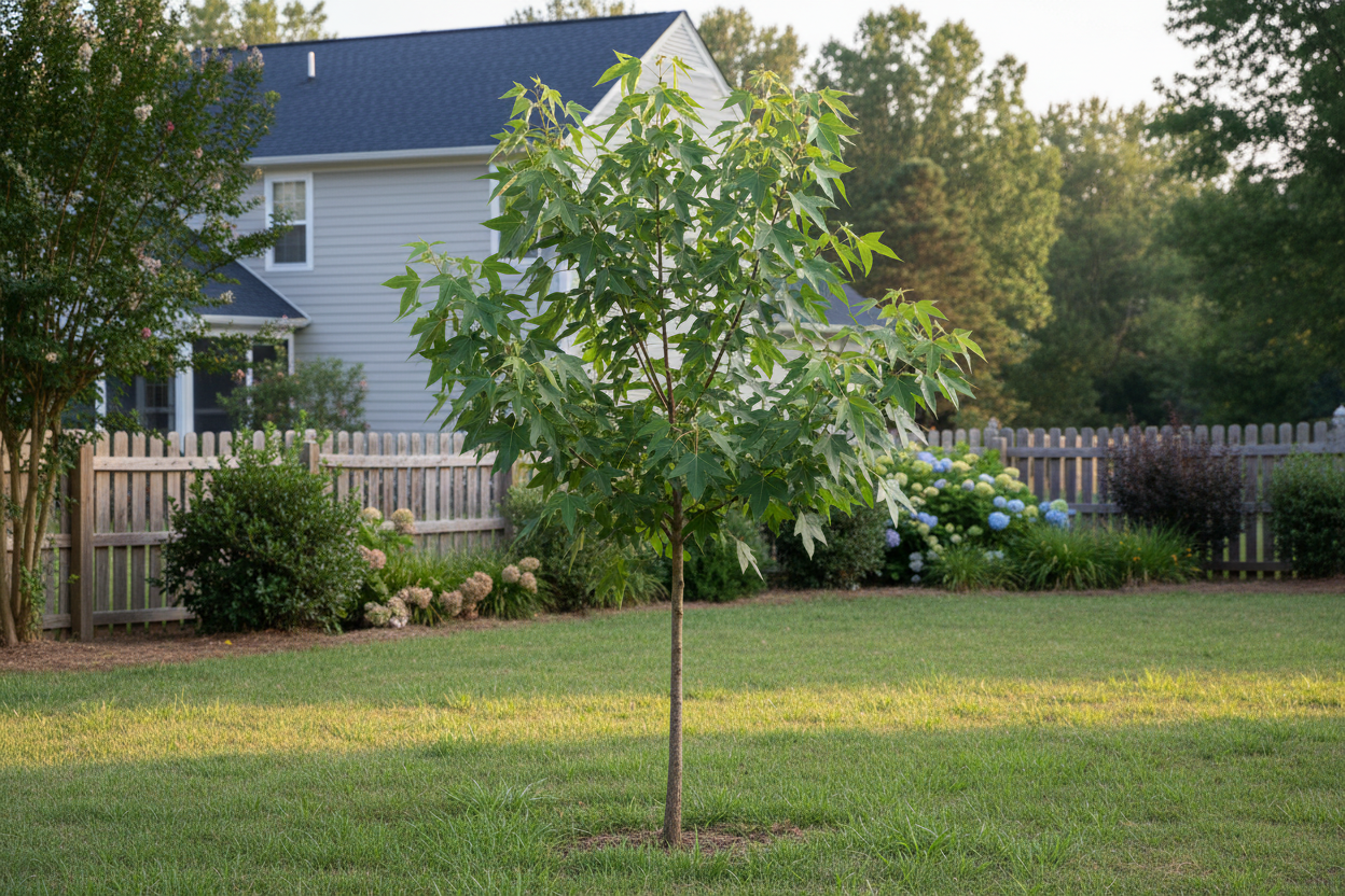 Native Sweetgum (Liquidambar styraciflua) small tree in backyard