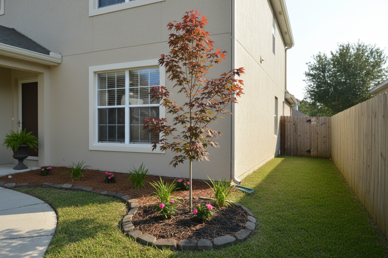 on side of house small tree