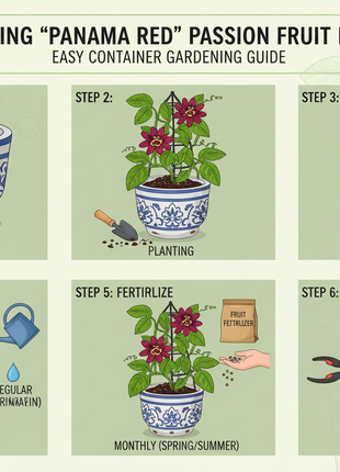 Step-by-step guide on growing 'Panama Red' passion fruit in pots with illustrations and text.