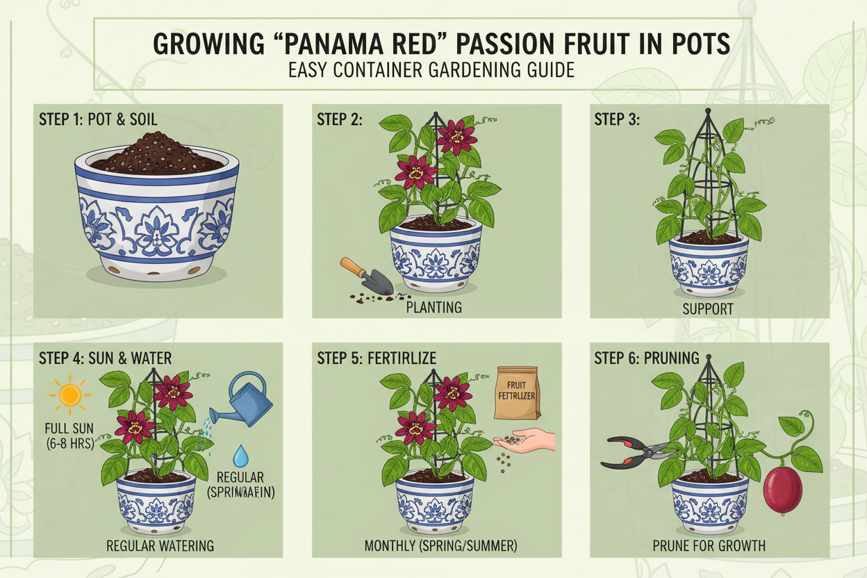 Step-by-step guide on growing 'Panama Red' passion fruit in pots with illustrations and text.